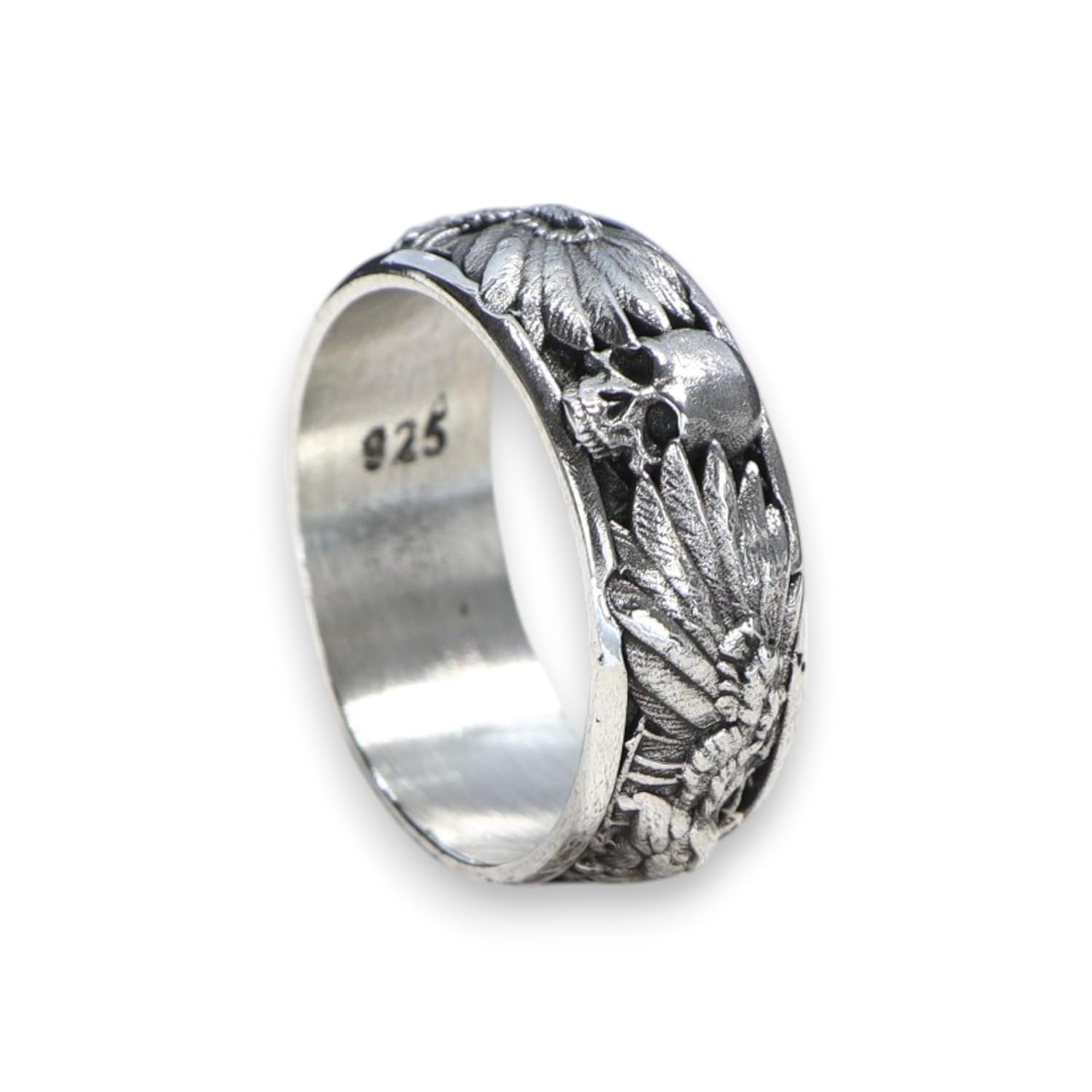 Handmade Raven and Skull Band Ring, Gothic Men Ring, Biker Ring, 925 Sterling Silver Ring, Mythological Ring (7)
