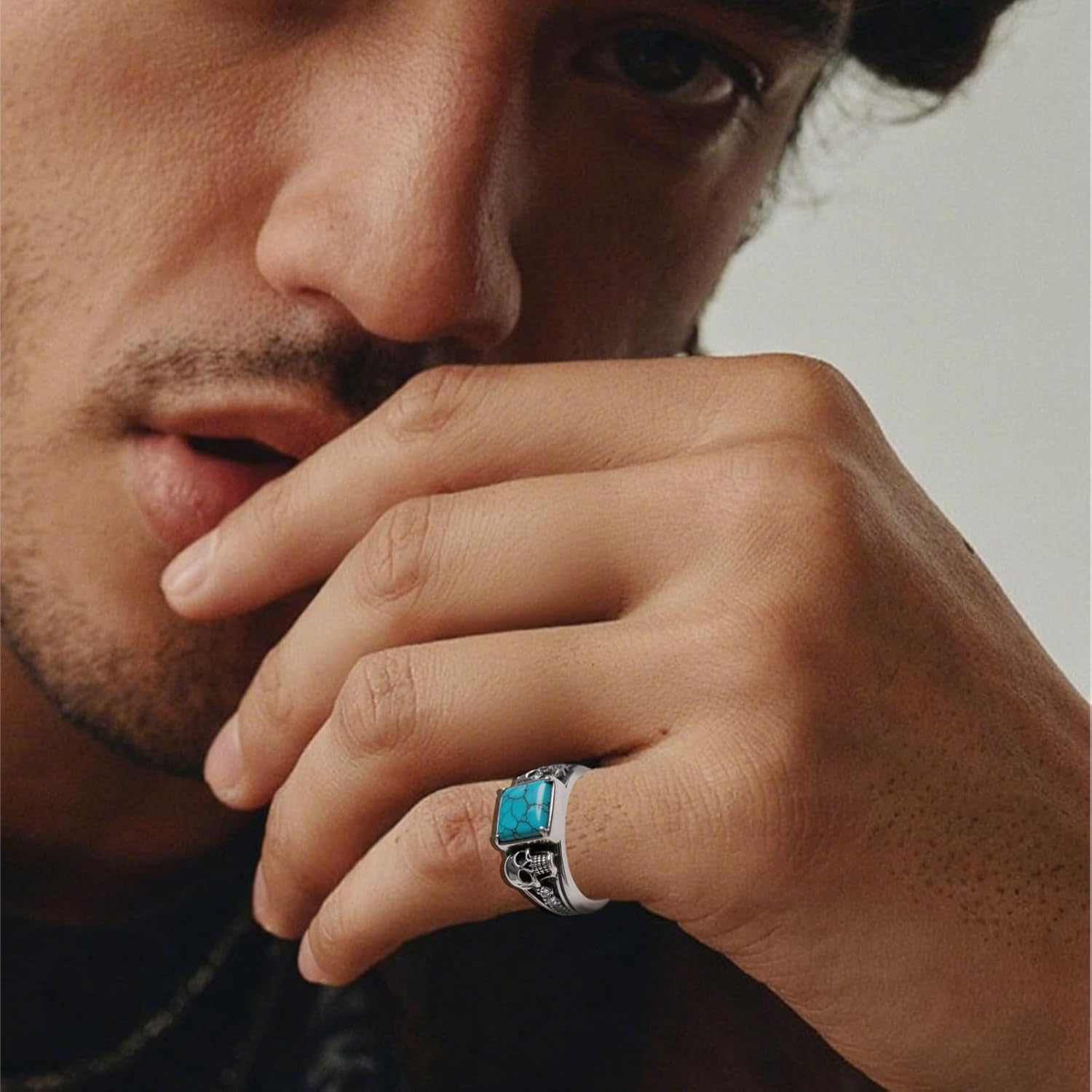 Diamond Skull Genuine Turquoise Personalized Name Ring for Men,925 Sterling Silver Vintage Real Natural Gemstone Pinky Thumb Western Nautical Band Ring for Dad Father Husband Turquoise Skull Lover, Size 6-14