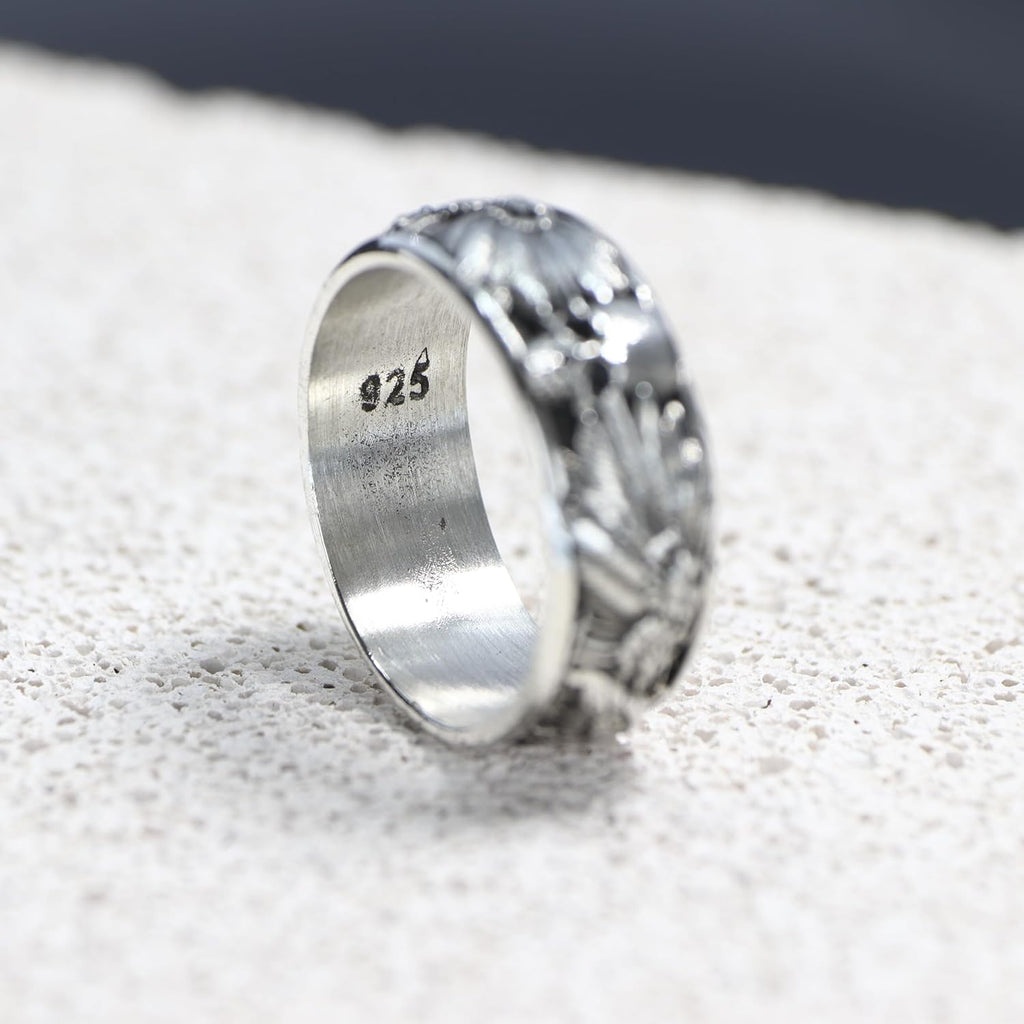 Handmade Raven and Skull Band Ring, Gothic Men Ring, Biker Ring, 925 Sterling Silver Ring, Mythological Ring (7)
