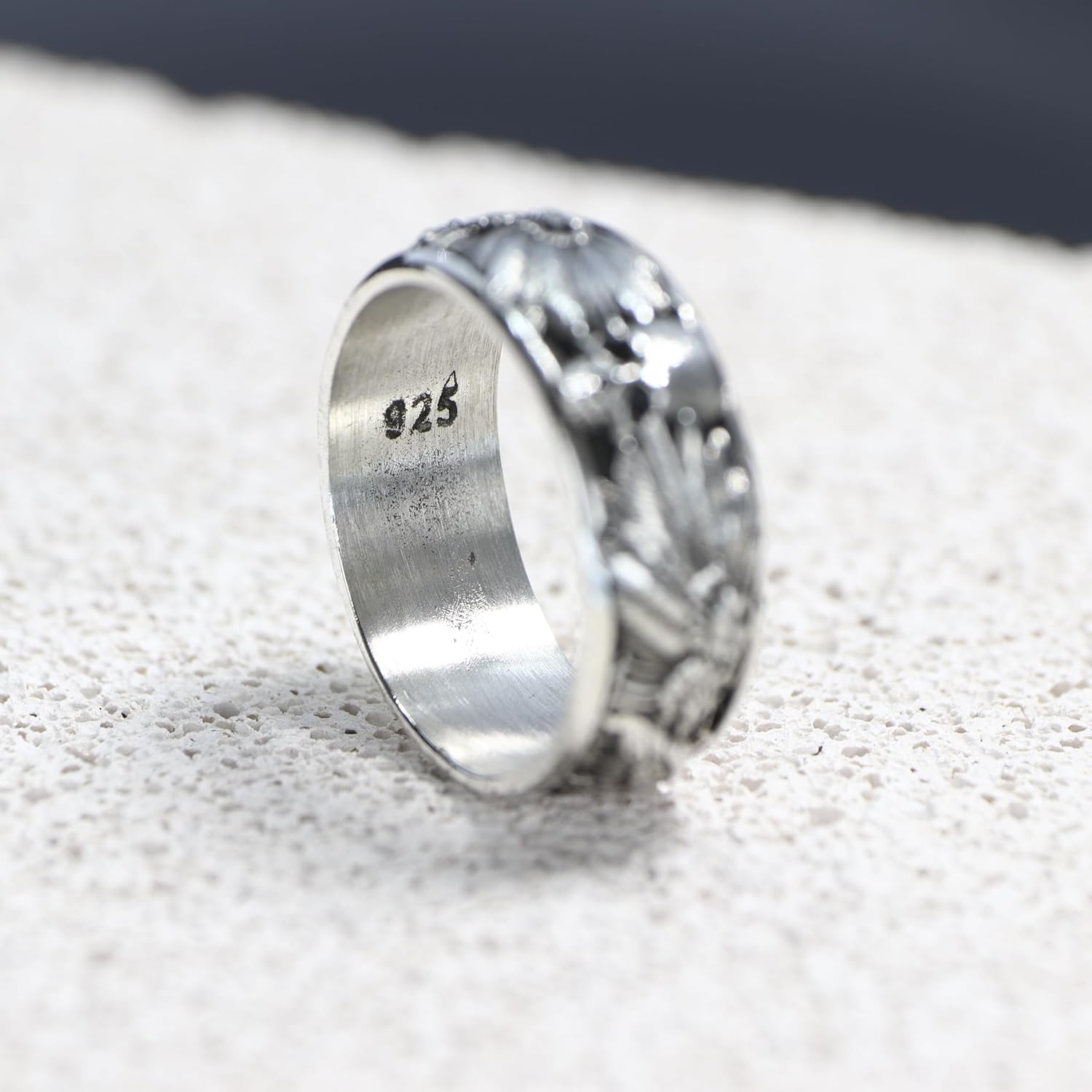 Handmade Raven and Skull Band Ring, Gothic Men Ring, Biker Ring, 925 Sterling Silver Ring, Mythological Ring (7)