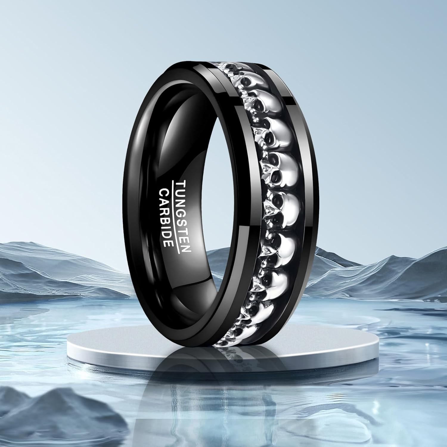 NUNCAD Personalized Mens Rings Sterling Silver Skull Inlay Black/Silver Tungsten Carbide Band 8mm Gothic Demon Skeleton Engraved Band Viking Jewelry Gift Comfort Fit Size 8-13