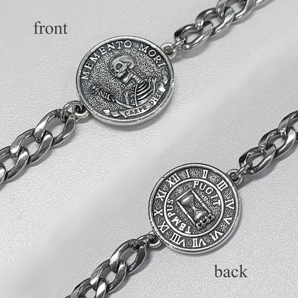 PELOVNY Memento Mori Bracelet 925 Sterling Silver Skull Bracelet Carpe Diem Anklet Stoic Skull Jewelry Stoicism Gifts for Men Women Unisex