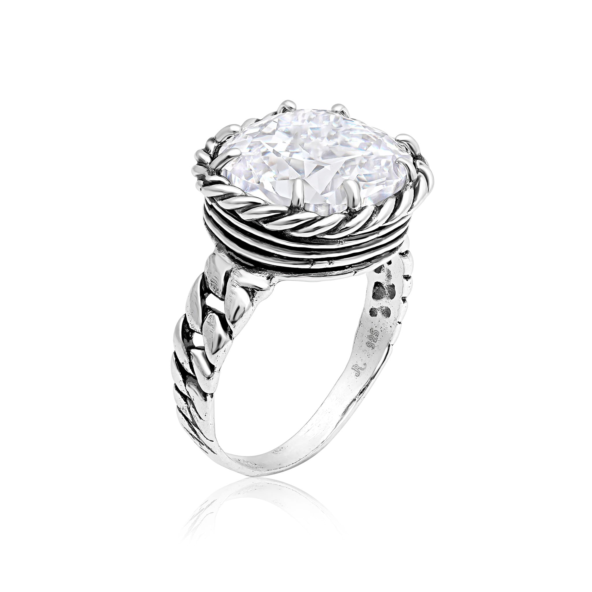 JEAN RACHEL JEWELRY 925 Sterling Silver Ring - Braid Chain with Cubic Zirconia Vintage Design - Hypoallergenic, Lead & Nickel Free - Artisan Handcrafted Statement Rings for Women