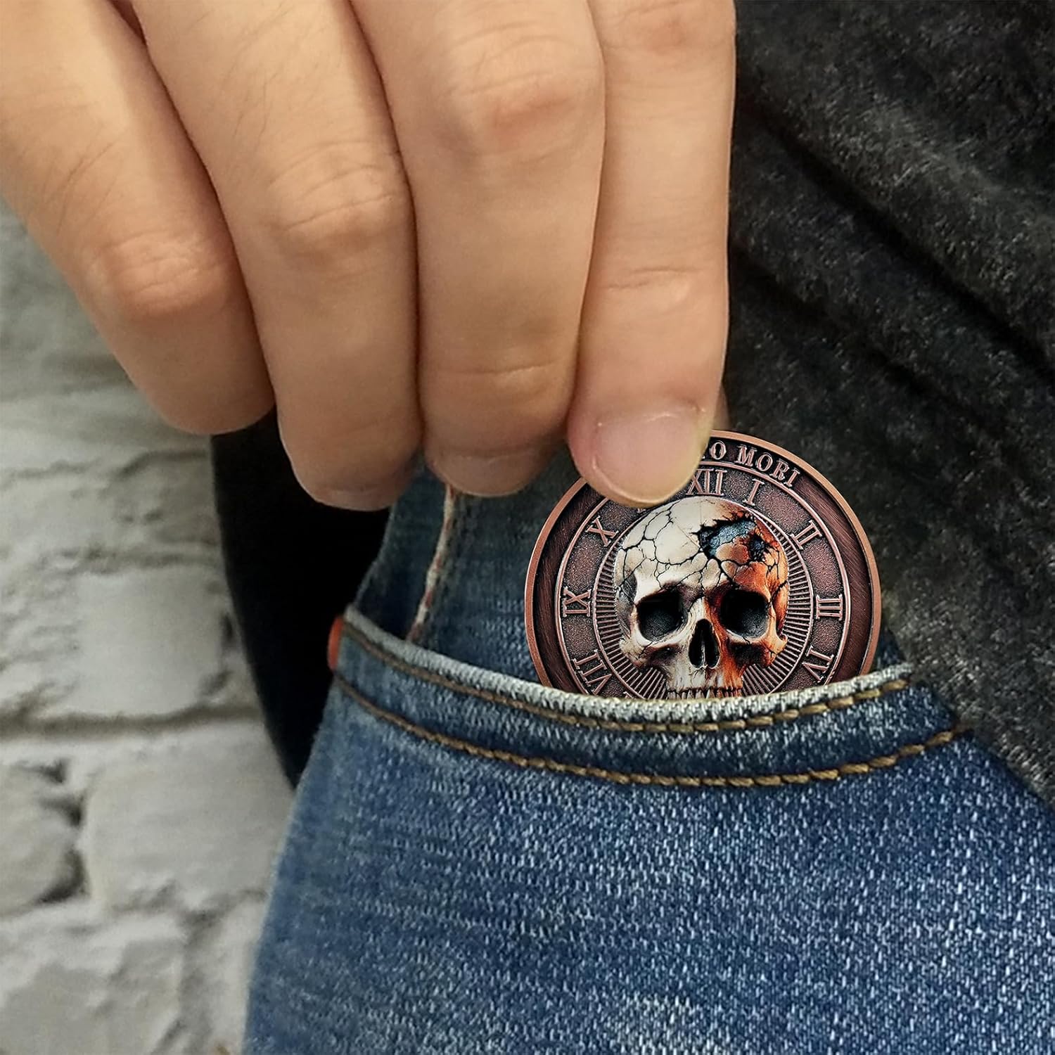 AtSKnSK Memento Mori Coin Momento Mori Coin Skull Coin Stoic Gifts Memento Mori Calendar Living Memento Mori Amor Fati Coin (Time Disc Skeleton)