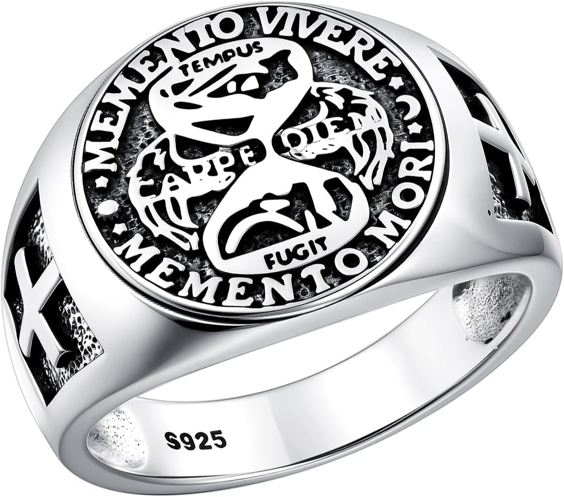 PROESS Memento Mori Ring 925 Sterling Silver Skull Hourglass Ring Memento Mori Jewelry Gifts for Women Men for Christmas Father's Day Size 7-10