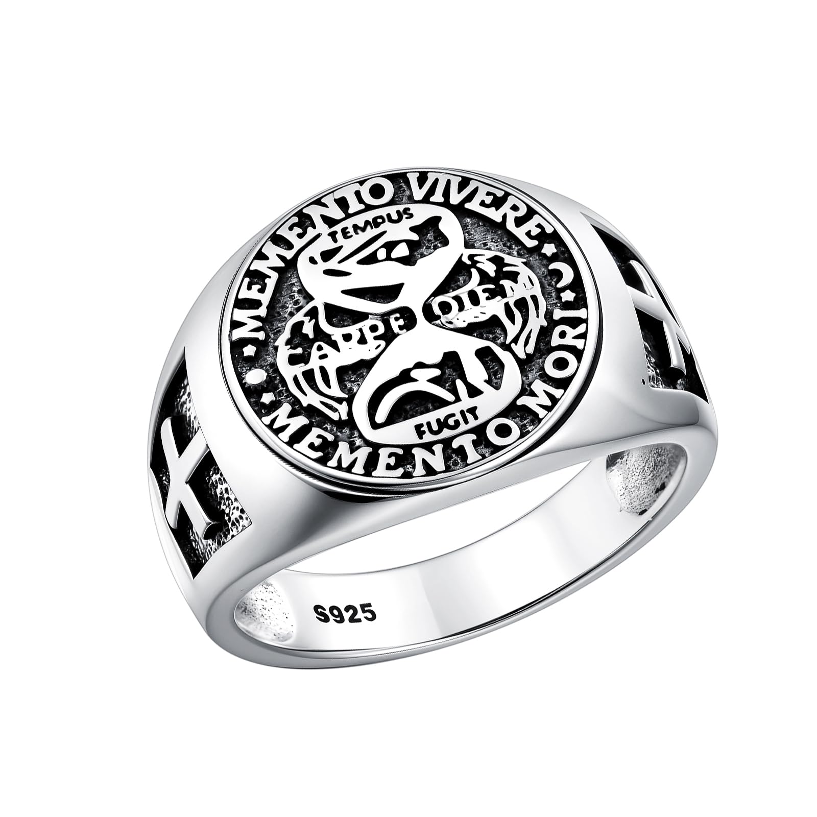 PROESS Memento Mori Ring 925 Sterling Silver Skull Hourglass Ring Memento Mori Jewelry Gifts for Women Men for Christmas Father's Day Size 7-10