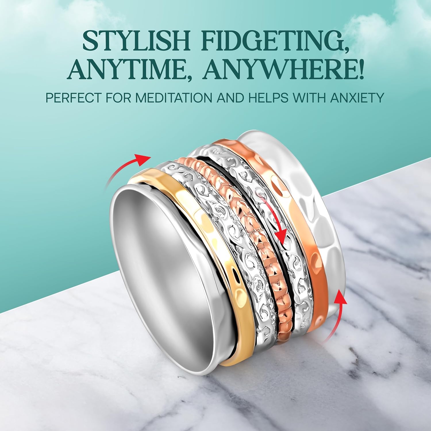 Boho-Magic 925 Sterling Silver Spinner Ring for Women with Copper and Brass Bands – Handmade Silver Band Ring for Everyday Wear, Comfort, and Style