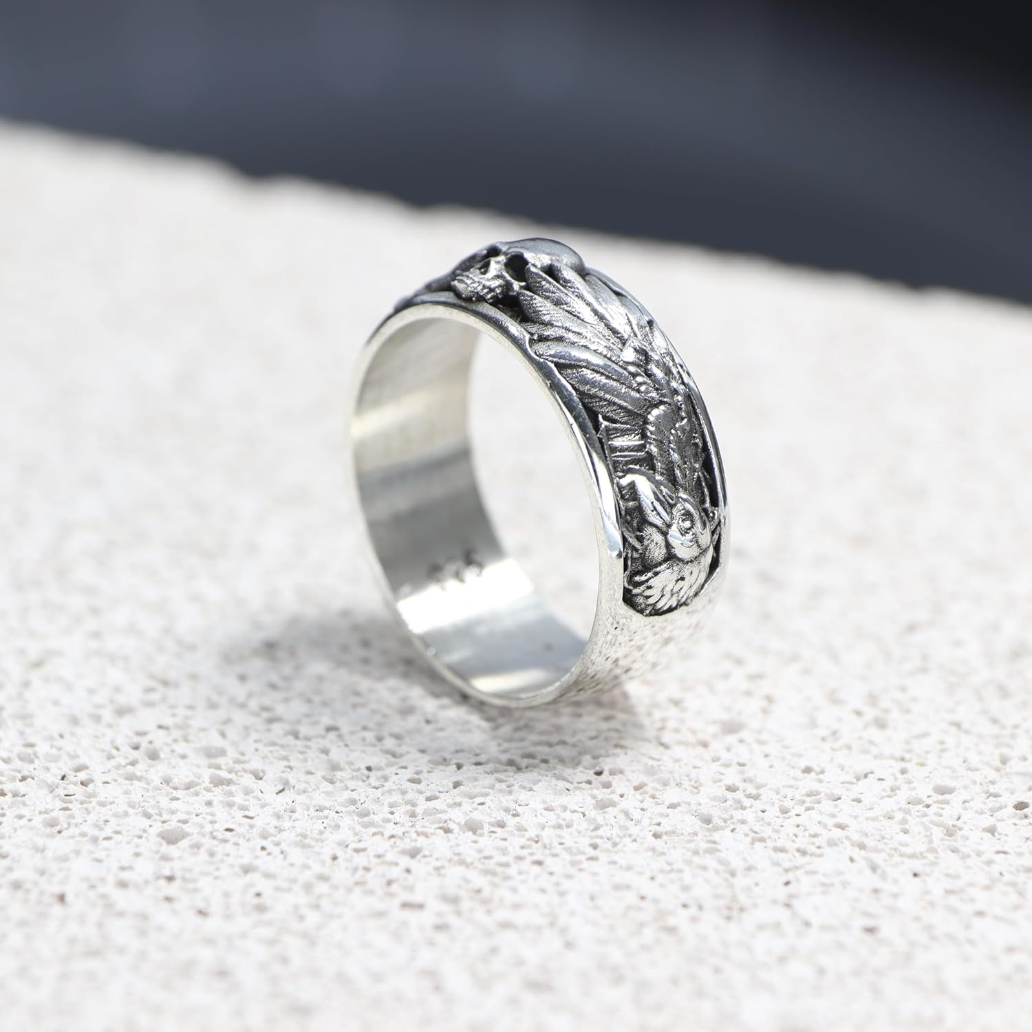 Handmade Raven and Skull Band Ring, Gothic Men Ring, Biker Ring, 925 Sterling Silver Ring, Mythological Ring (7)