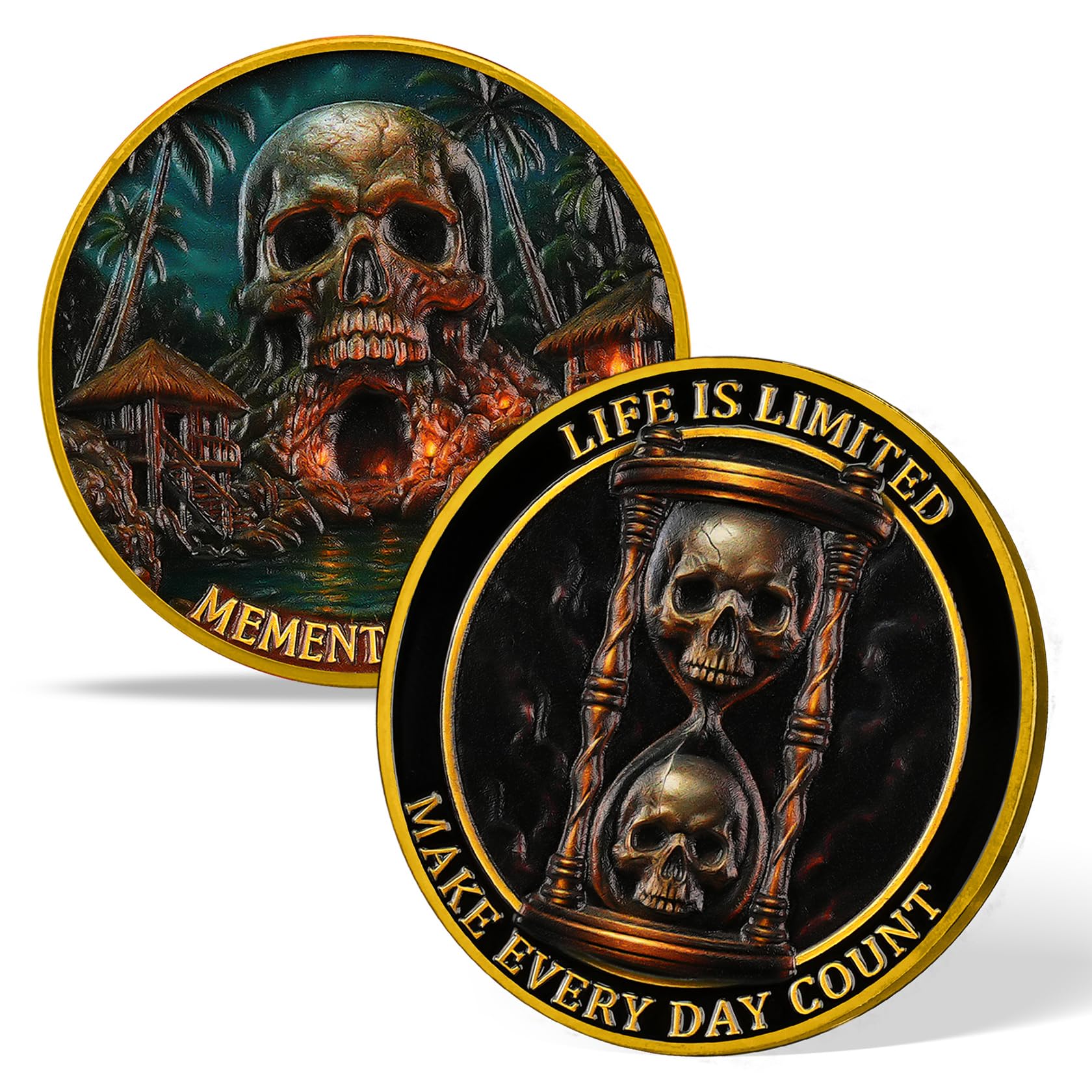 AtSKnSK Memento Mori Coin Momento Mori Coin Skull Coin Stoic Gifts Memento Mori Calendar Living Memento Mori Amor Fati Coin (Time Disc Skeleton)