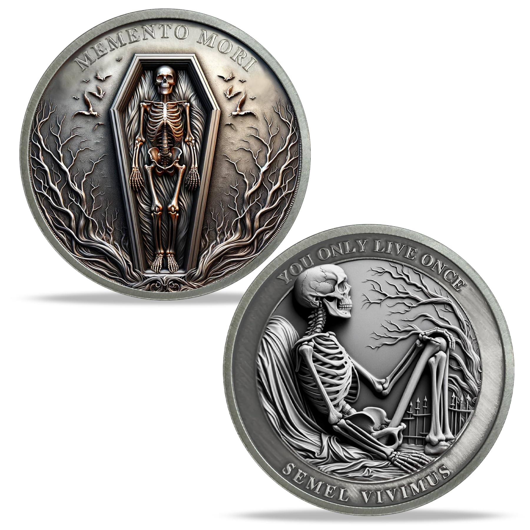 AtSKnSK Memento Mori Coin Momento Mori Coin Skull Coin Stoic Gifts Memento Mori Calendar Living Memento Mori Amor Fati Coin (Time Disc Skeleton)