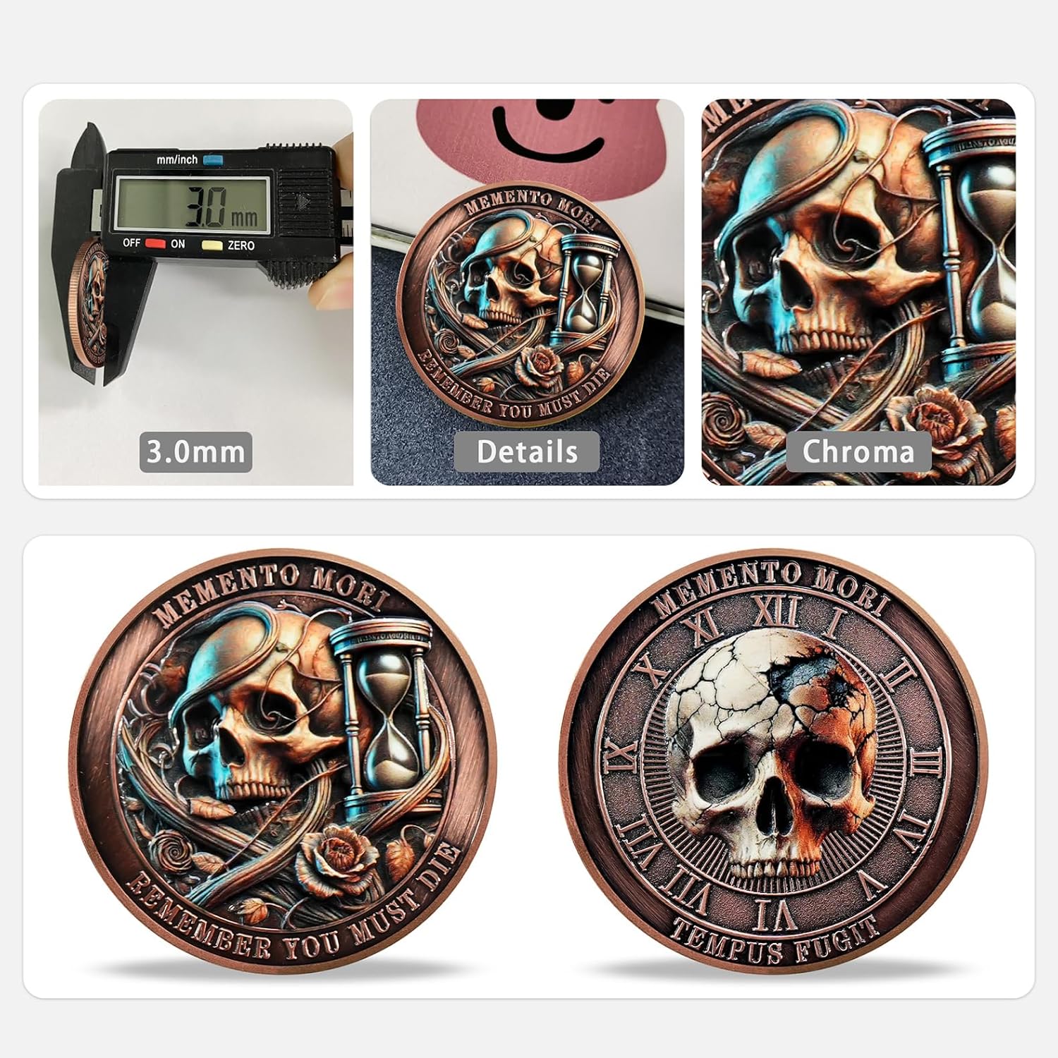 AtSKnSK Memento Mori Coin Momento Mori Coin Skull Coin Stoic Gifts Memento Mori Calendar Living Memento Mori Amor Fati Coin (Time Disc Skeleton)