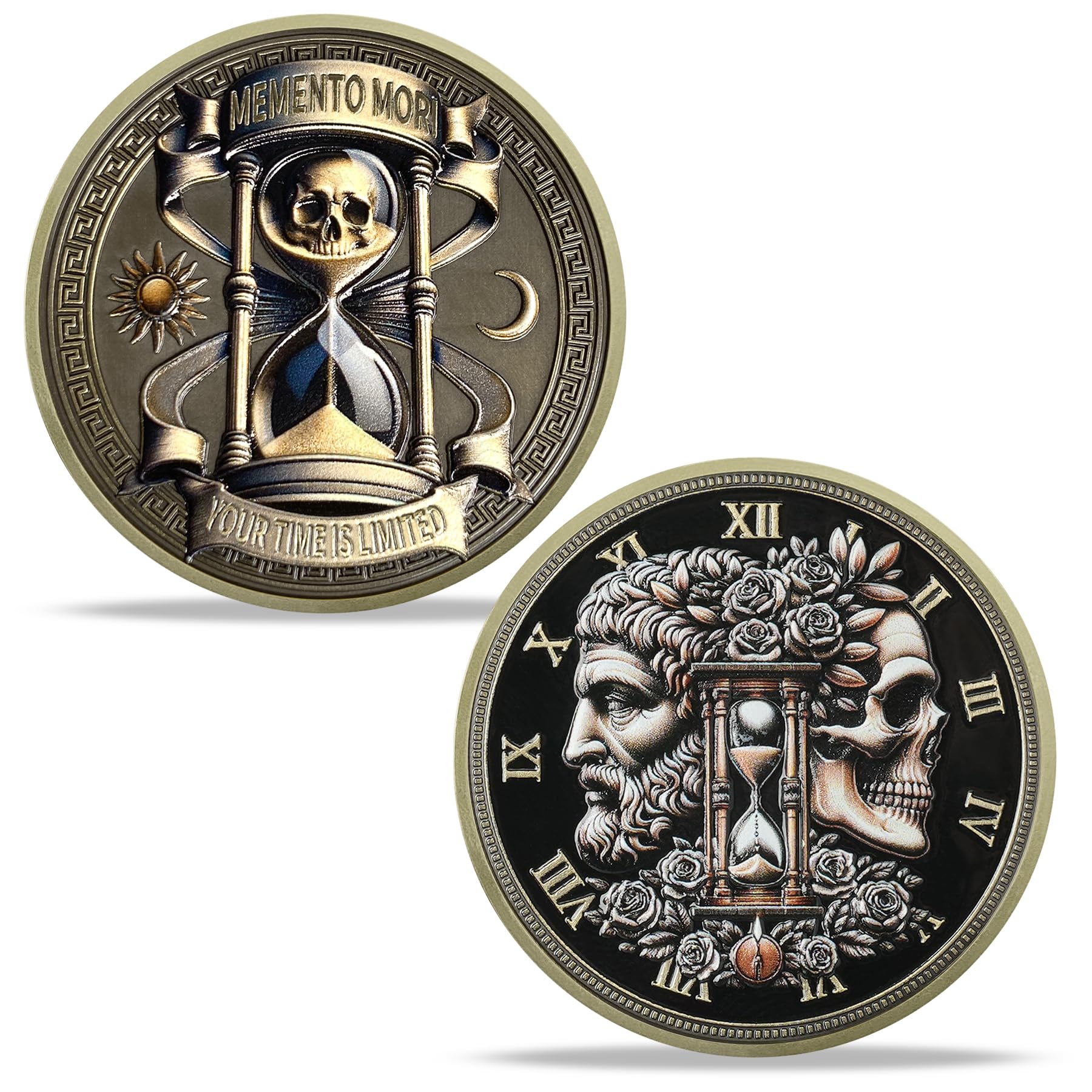 AtSKnSK Memento Mori Coin Momento Mori Coin Skull Coin Stoic Gifts Memento Mori Calendar Living Memento Mori Amor Fati Coin (Time Disc Skeleton)