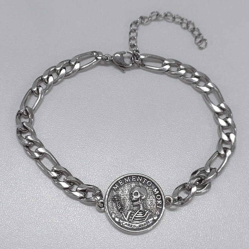 PELOVNY Memento Mori Bracelet 925 Sterling Silver Skull Bracelet Carpe Diem Anklet Stoic Skull Jewelry Stoicism Gifts for Men Women Unisex