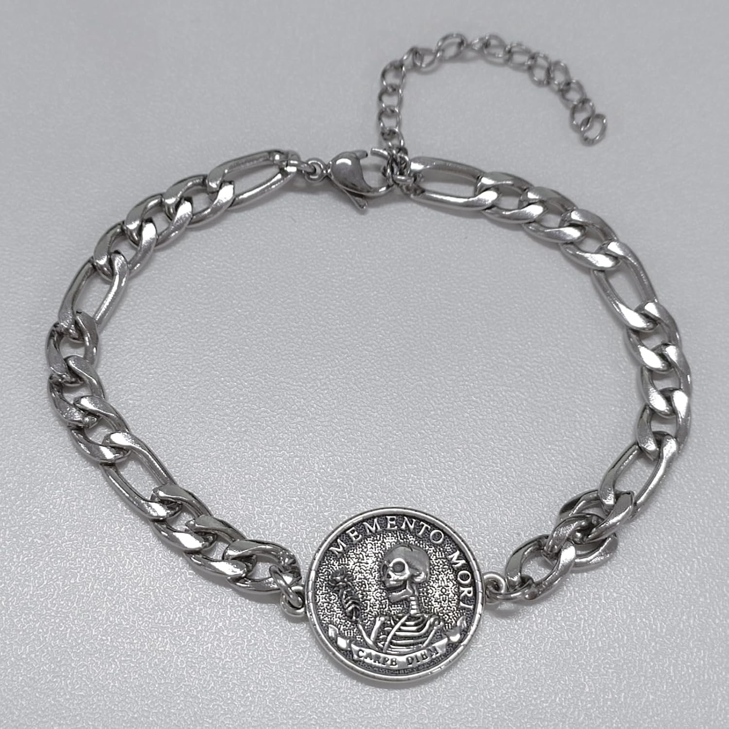 PELOVNY Memento Mori Bracelet 925 Sterling Silver Skull Bracelet Carpe Diem Anklet Stoic Skull Jewelry Stoicism Gifts for Men Women Unisex