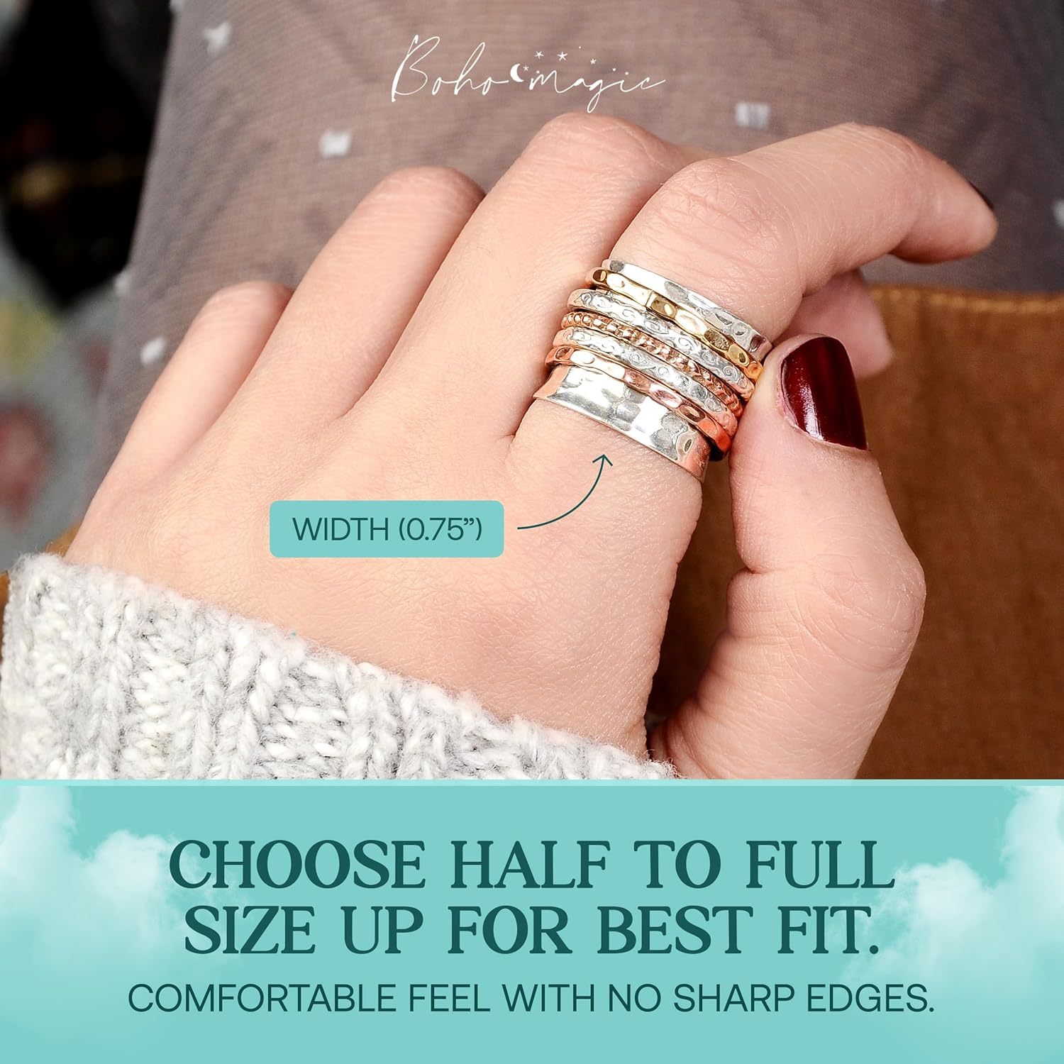 Boho-Magic 925 Sterling Silver Spinner Ring for Women with Copper and Brass Bands – Handmade Silver Band Ring for Everyday Wear, Comfort, and Style