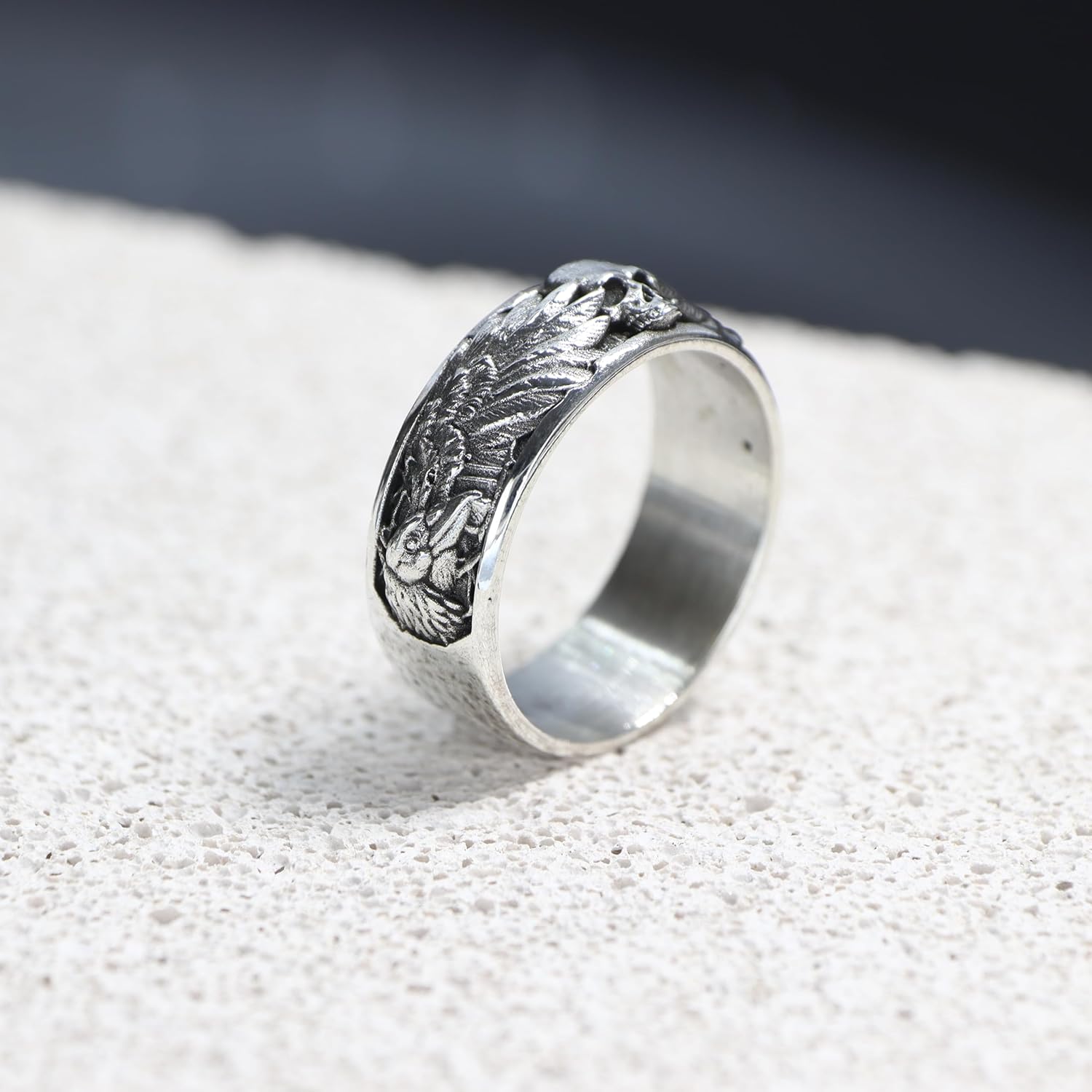 Handmade Raven and Skull Band Ring, Gothic Men Ring, Biker Ring, 925 Sterling Silver Ring, Mythological Ring (7)
