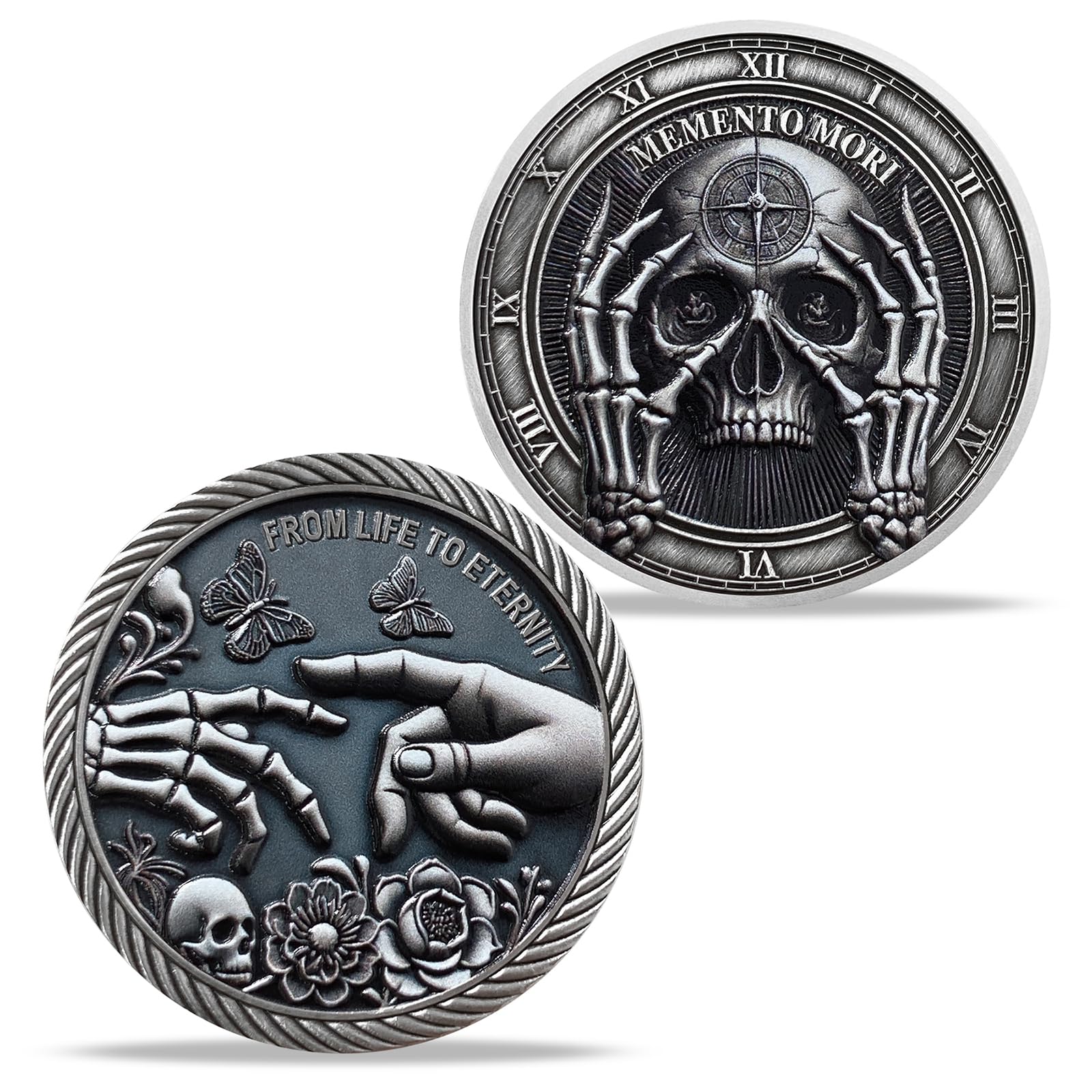 AtSKnSK Memento Mori Coin Momento Mori Coin Skull Coin Stoic Gifts Memento Mori Calendar Living Memento Mori Amor Fati Coin (Time Disc Skeleton)