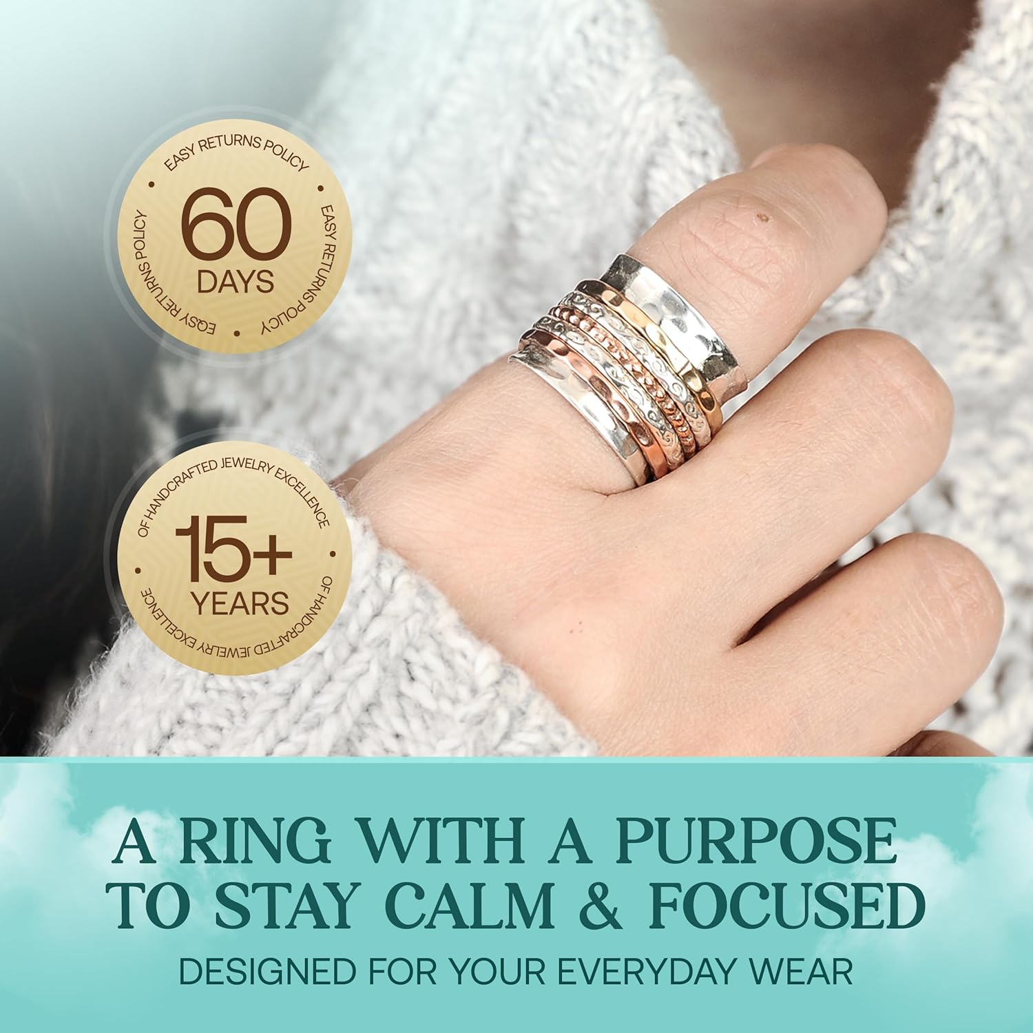 Boho-Magic 925 Sterling Silver Spinner Ring for Women with Copper and Brass Bands – Handmade Silver Band Ring for Everyday Wear, Comfort, and Style