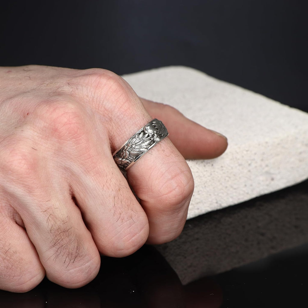 Handmade Raven and Skull Band Ring, Gothic Men Ring, Biker Ring, 925 Sterling Silver Ring, Mythological Ring (7)
