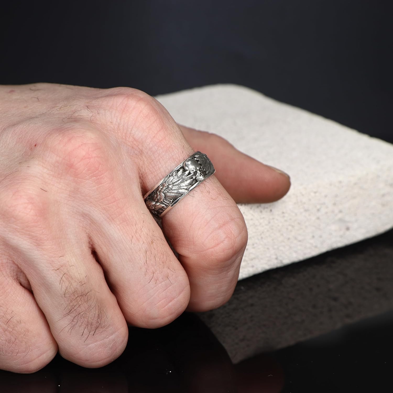 Handmade Raven and Skull Band Ring, Gothic Men Ring, Biker Ring, 925 Sterling Silver Ring, Mythological Ring (7)