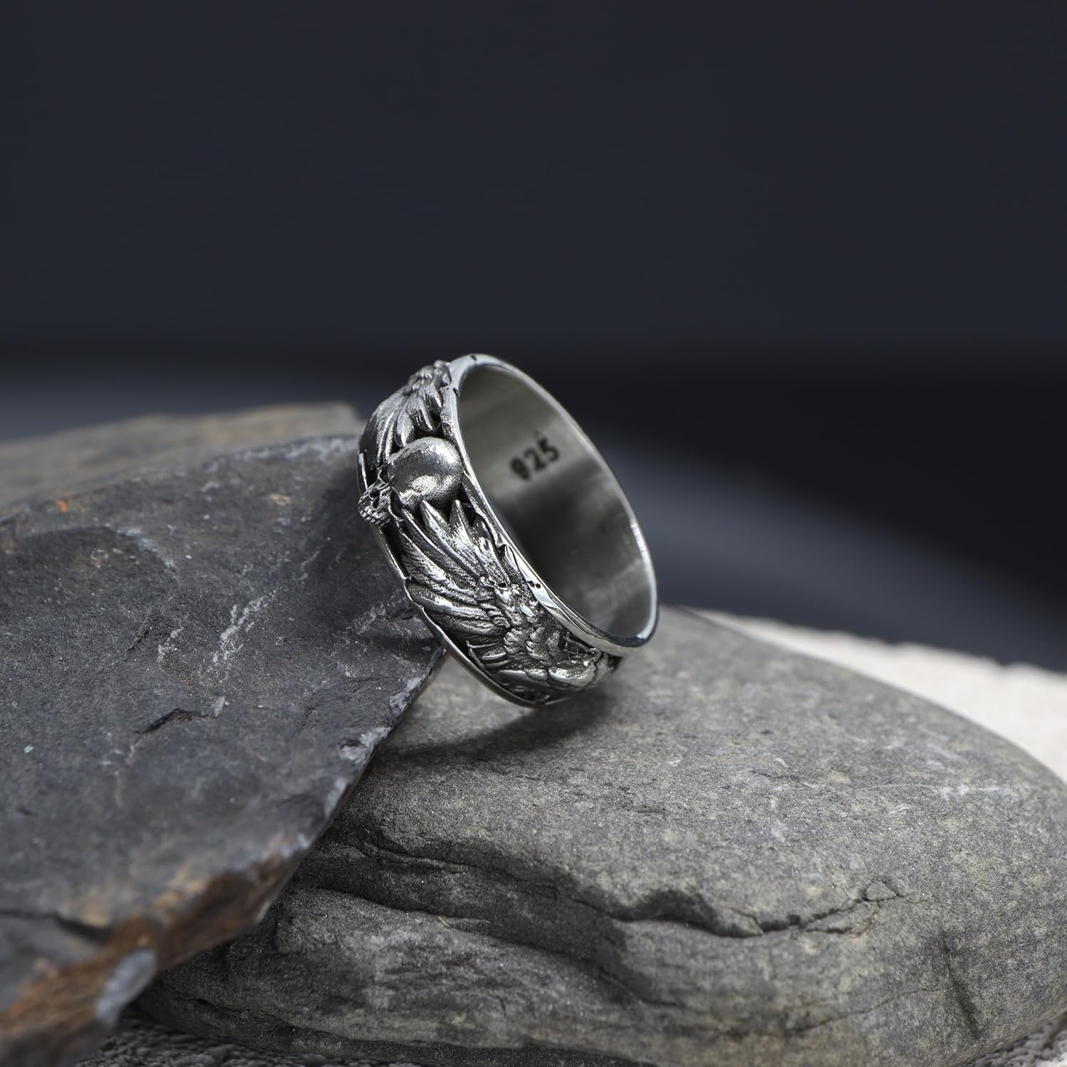 Handmade Raven and Skull Band Ring, Gothic Men Ring, Biker Ring, 925 Sterling Silver Ring, Mythological Ring (7)