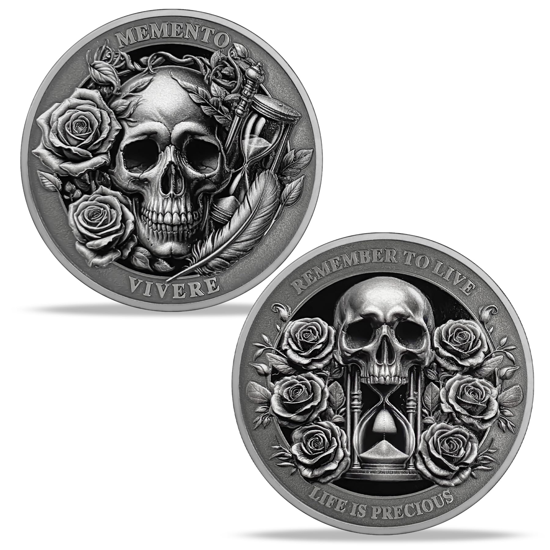 AtSKnSK Memento Mori Coin Momento Mori Coin Skull Coin Stoic Gifts Memento Mori Calendar Living Memento Mori Amor Fati Coin (Time Disc Skeleton)