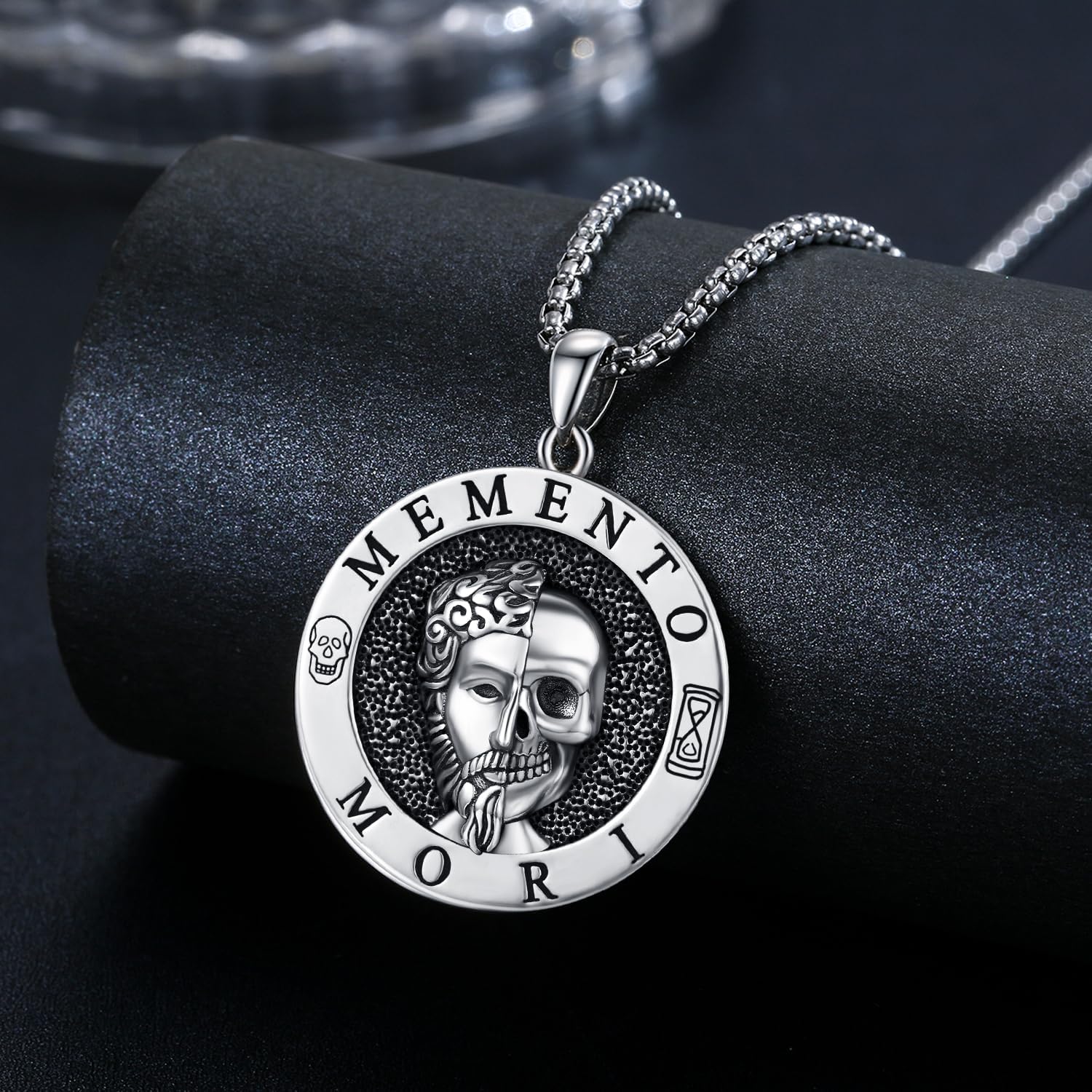 JUSTKIDSTOY Memento Mori Necklace 925 Sterling Silver Marcus Aurelius Skull Pendant Necklace Stoic Reminder Necklace Jewelry Gifts for Men Women