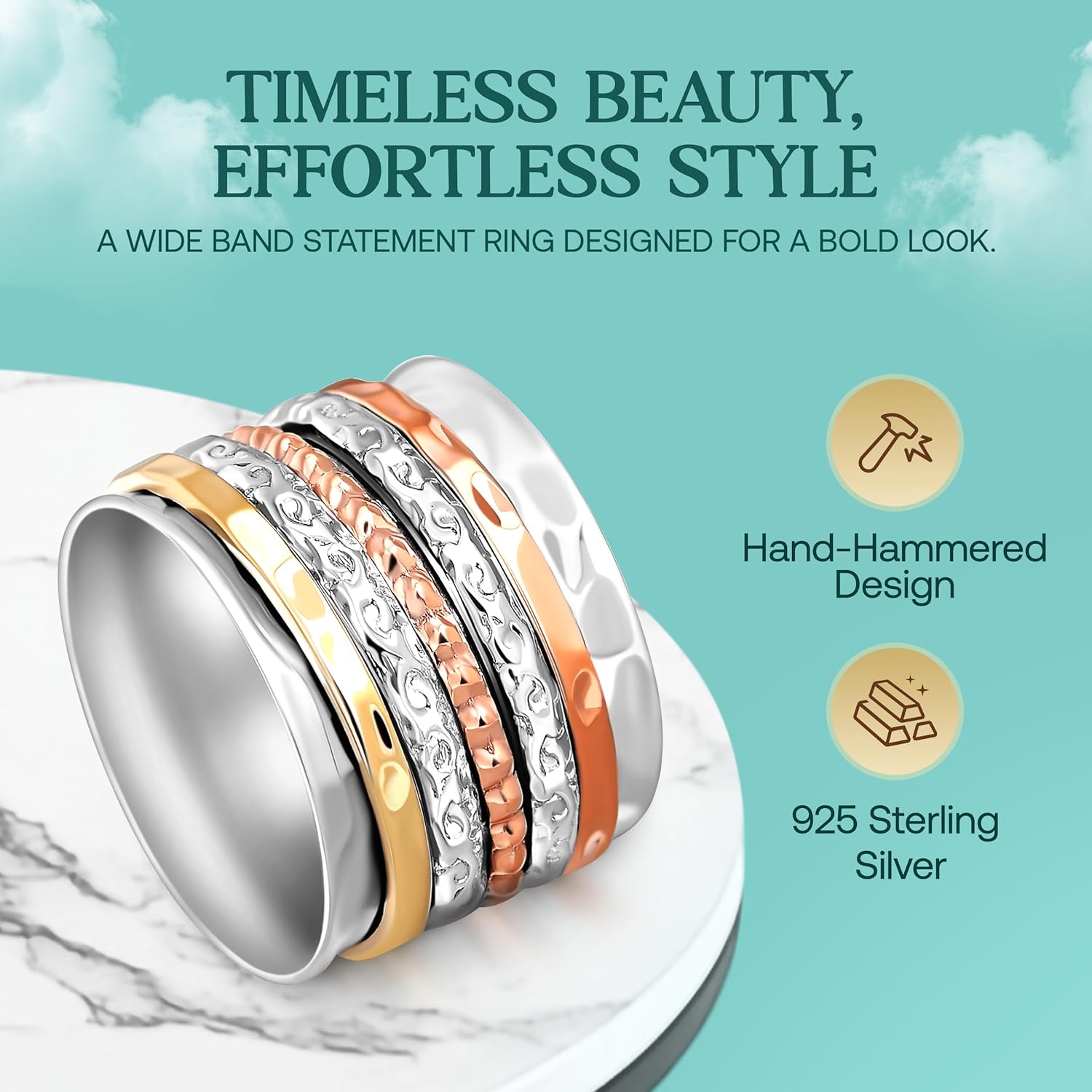 Boho-Magic 925 Sterling Silver Spinner Ring for Women with Copper and Brass Bands – Handmade Silver Band Ring for Everyday Wear, Comfort, and Style