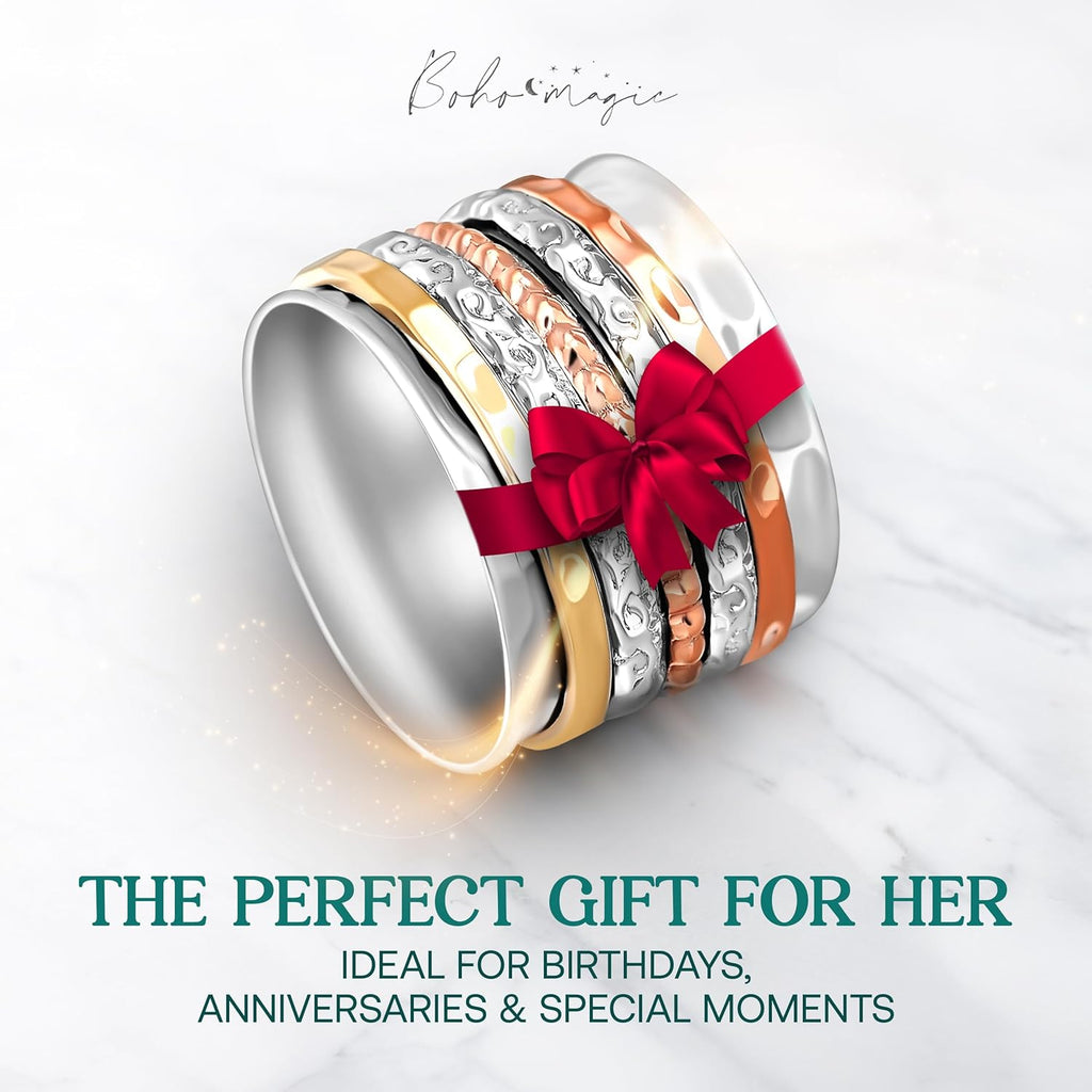 Boho-Magic 925 Sterling Silver Spinner Ring for Women with Copper and Brass Bands – Handmade Silver Band Ring for Everyday Wear, Comfort, and Style