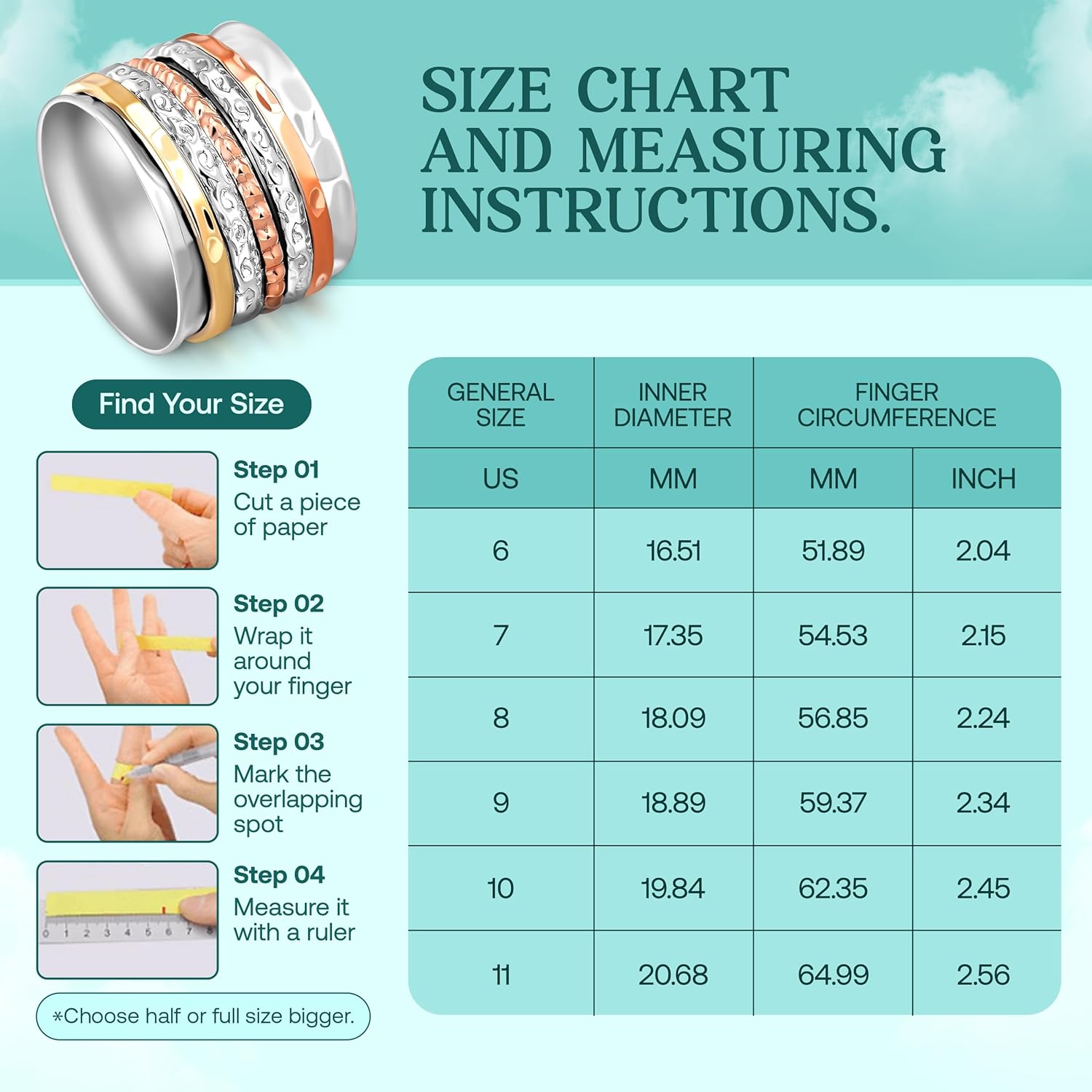Boho-Magic 925 Sterling Silver Spinner Ring for Women with Copper and Brass Bands – Handmade Silver Band Ring for Everyday Wear, Comfort, and Style
