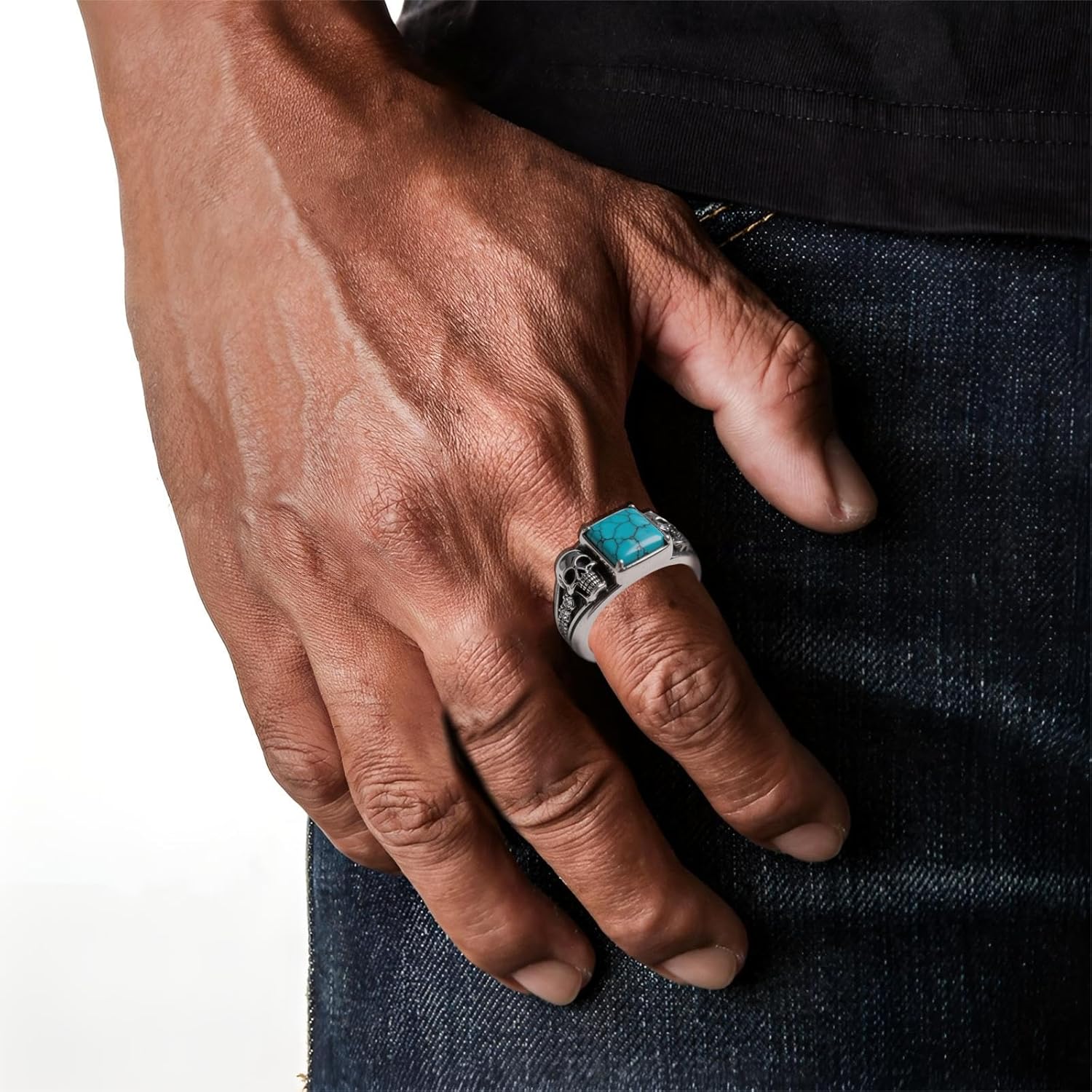 Diamond Skull Genuine Turquoise Personalized Name Ring for Men,925 Sterling Silver Vintage Real Natural Gemstone Pinky Thumb Western Nautical Band Ring for Dad Father Husband Turquoise Skull Lover, Size 6-14