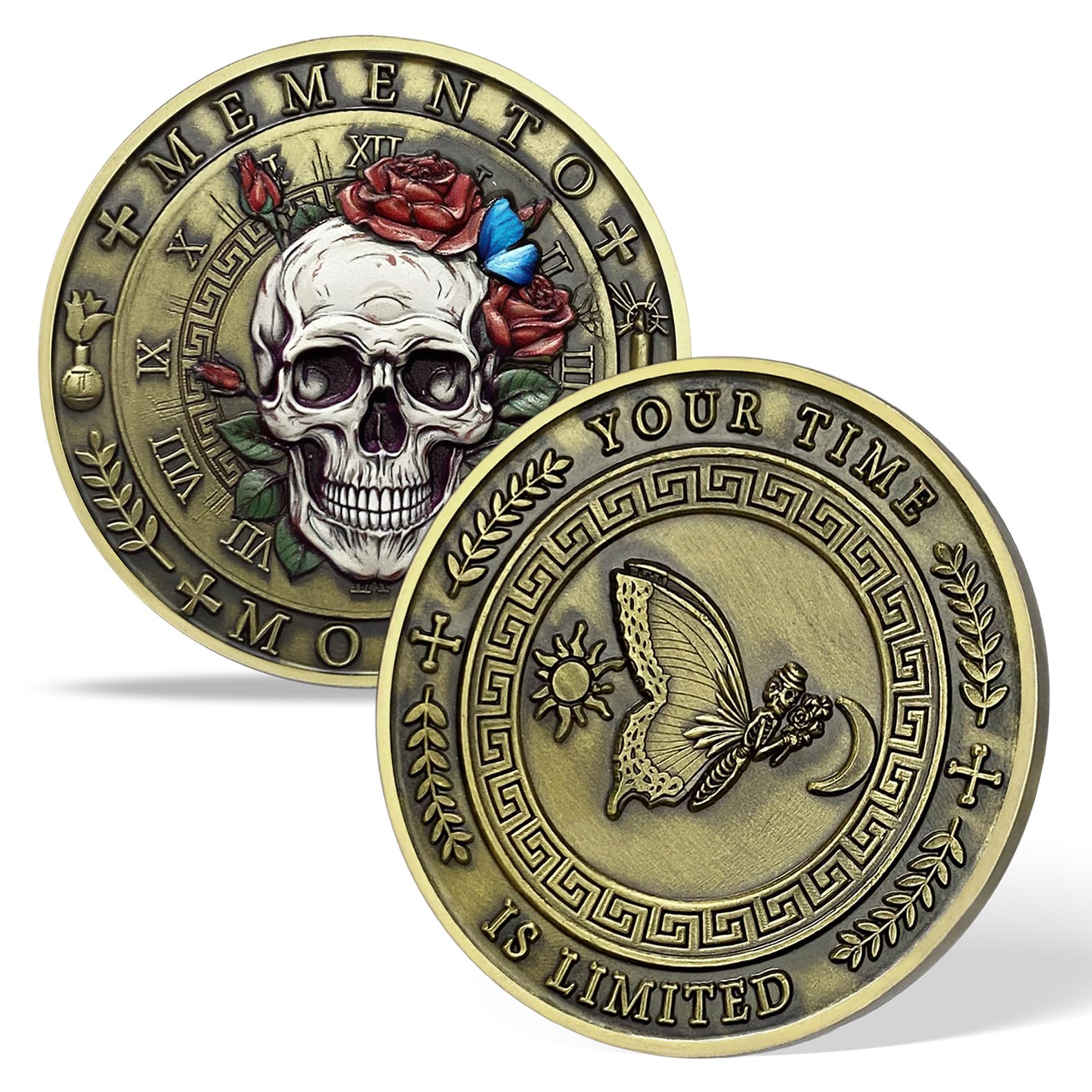 AtSKnSK Memento Mori Coin Momento Mori Coin Skull Coin Stoic Gifts Memento Mori Calendar Living Memento Mori Amor Fati Coin (Time Disc Skeleton)
