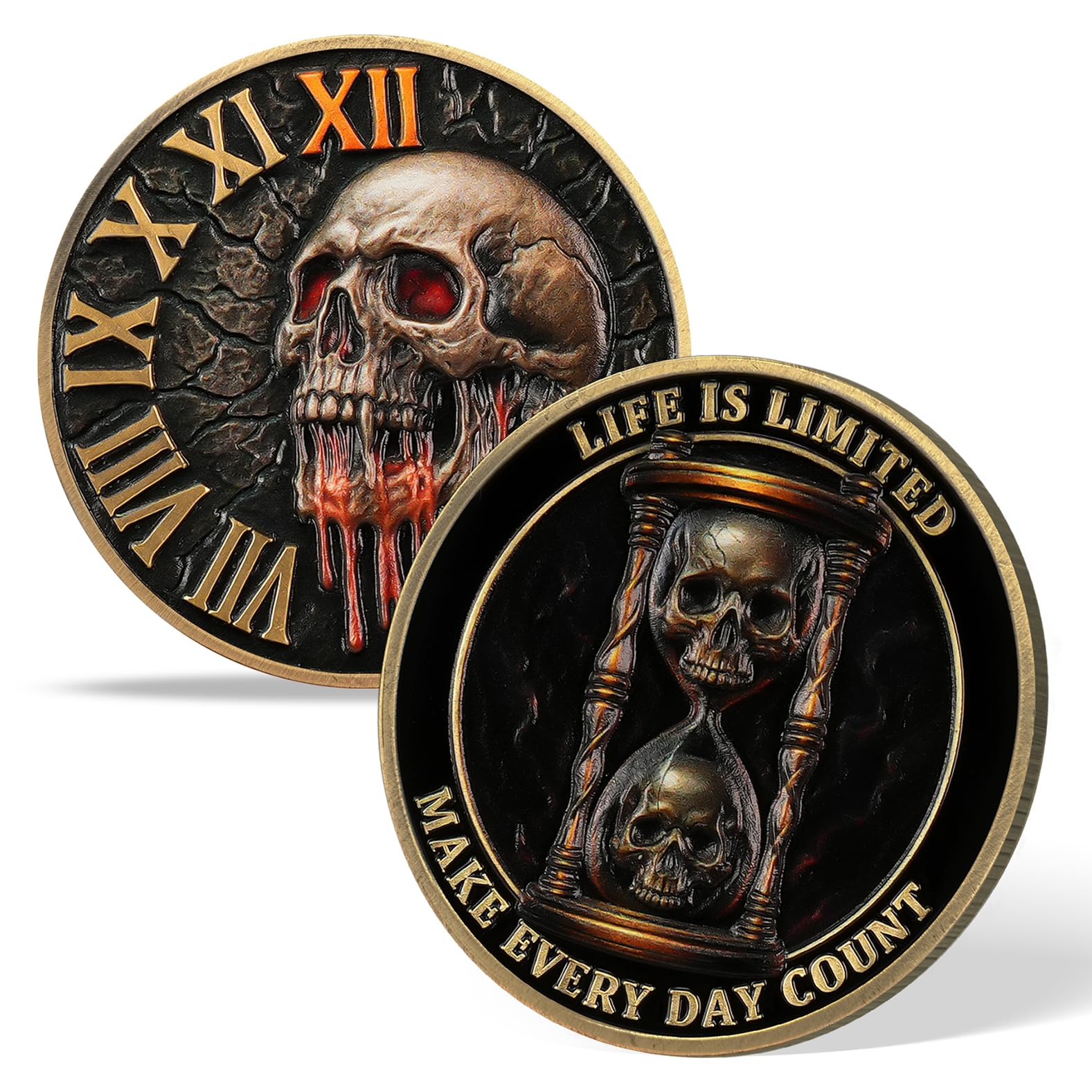 AtSKnSK Memento Mori Coin Momento Mori Coin Skull Coin Stoic Gifts Memento Mori Calendar Living Memento Mori Amor Fati Coin (Time Disc Skeleton)